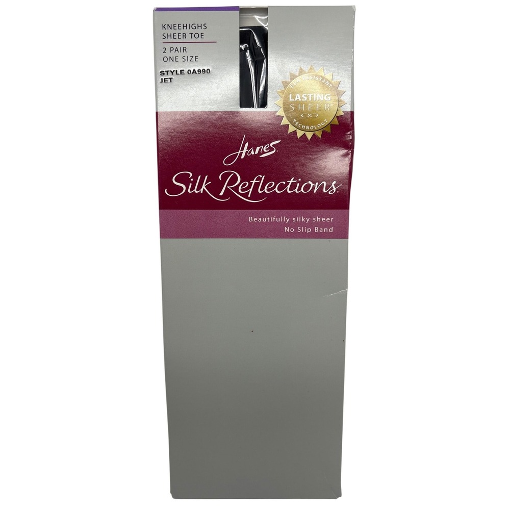 Hanes‎ Silk Reflections 2 Pair Knee Highs Jet Black Sheer Toe No Slip Band 0A990